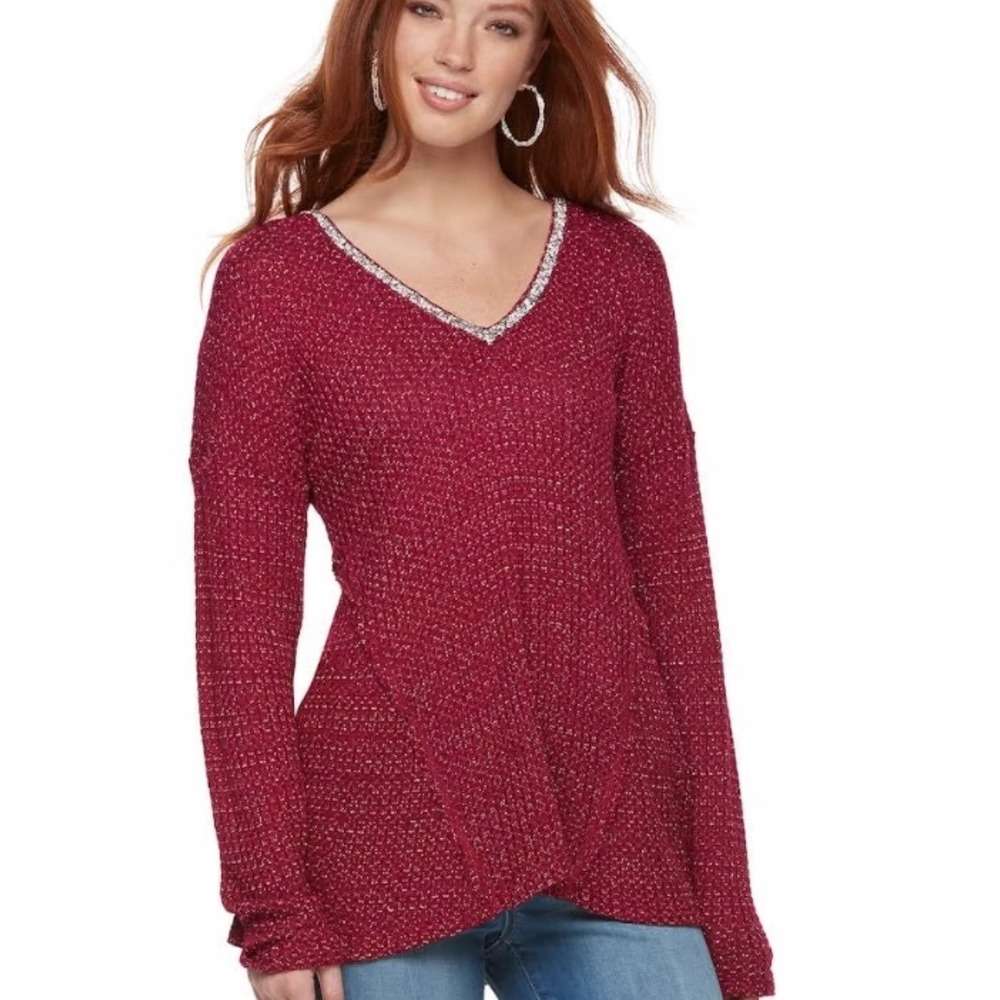 Y2K Juicy Couture Waffle Knit Raw Swing Hem Sweater L Embellished VNeck Metallic